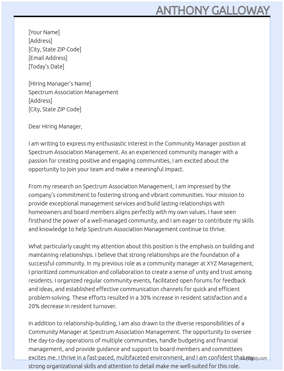Community manager At Spectrum association management  Cover Letter