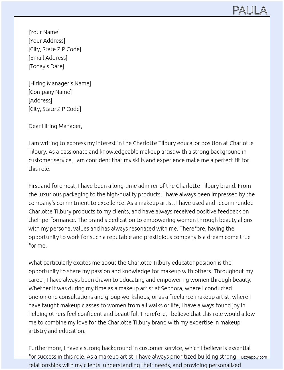 Charlotte Tilbury educator At Charlotte Tillbury  Cover Letter
