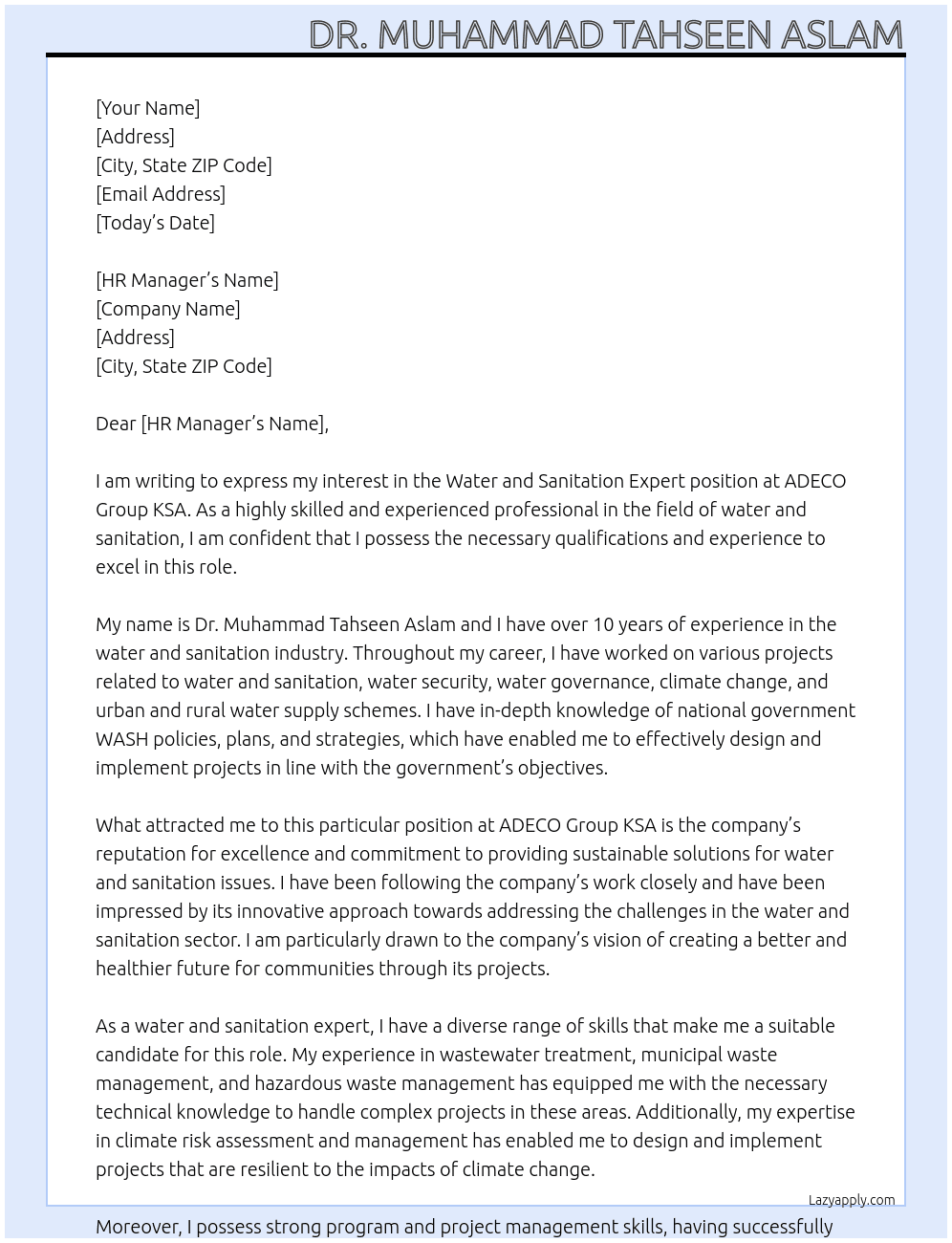Water and Sanitation Expert At ADECO Group KSA Cover Letter