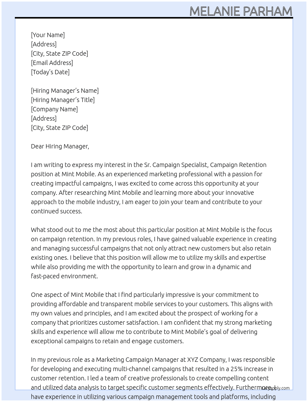 Sr. Campaign Specialist, Campaign Retention At Mint Mobile Cover Letter