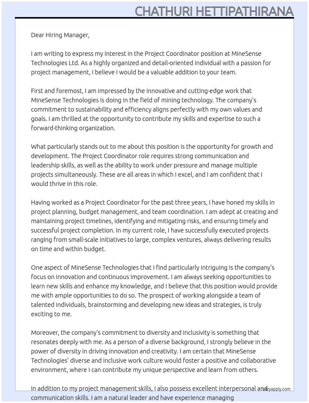 Project coordinator At MineSense Technologies Ltd Cover Letter