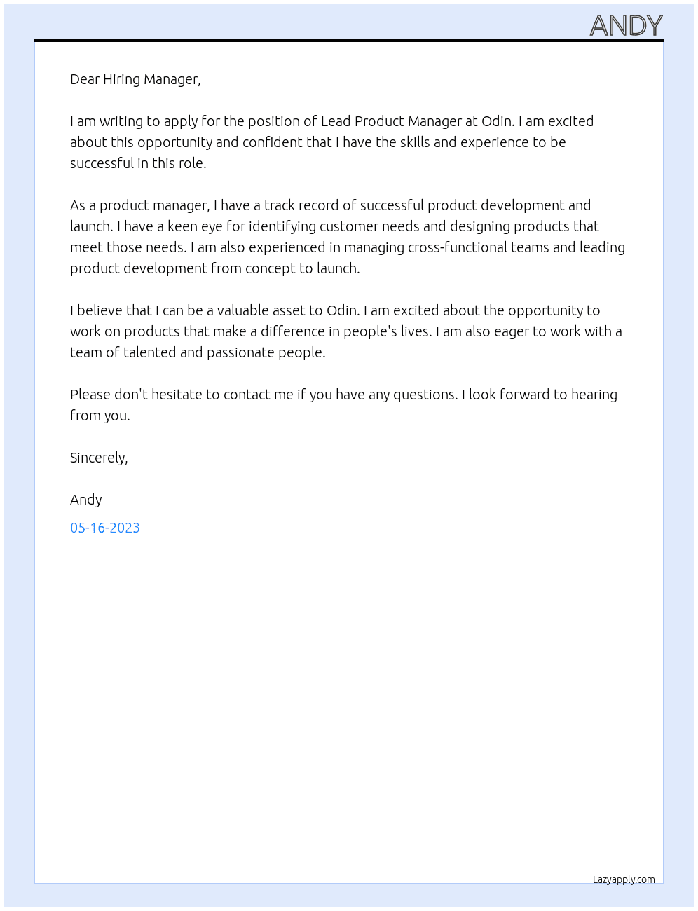 Lead Product Manager At Odin Cover Letter