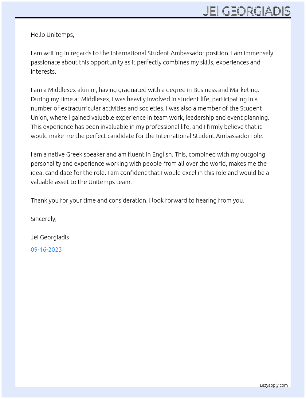 International student ambassador At Middlesex university Cover Letter