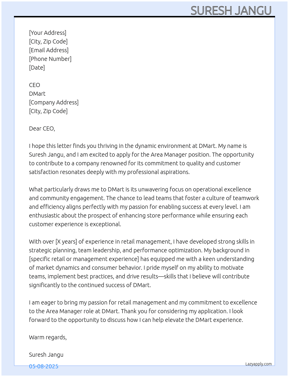 Area manager At DMart  Cover Letter