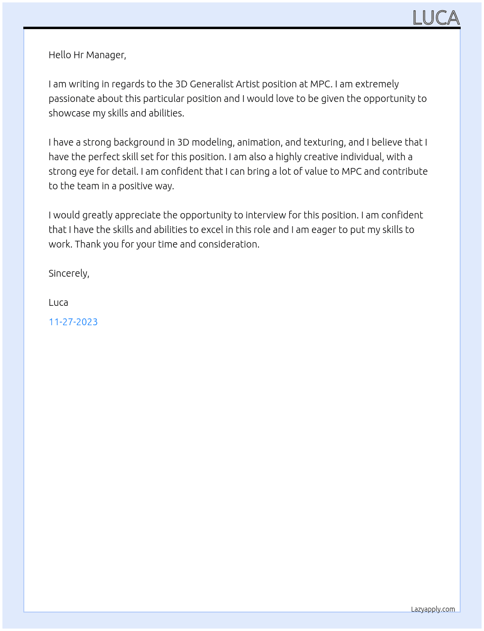 3D Generalist Artist At MPC Cover Letter