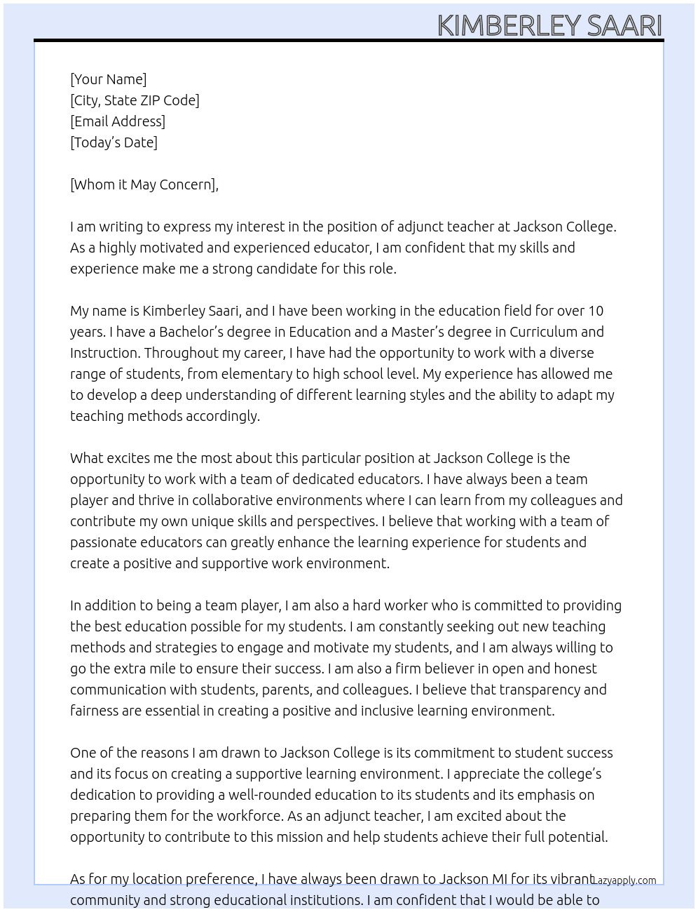 adjunct teacher At Jackson College Cover Letter