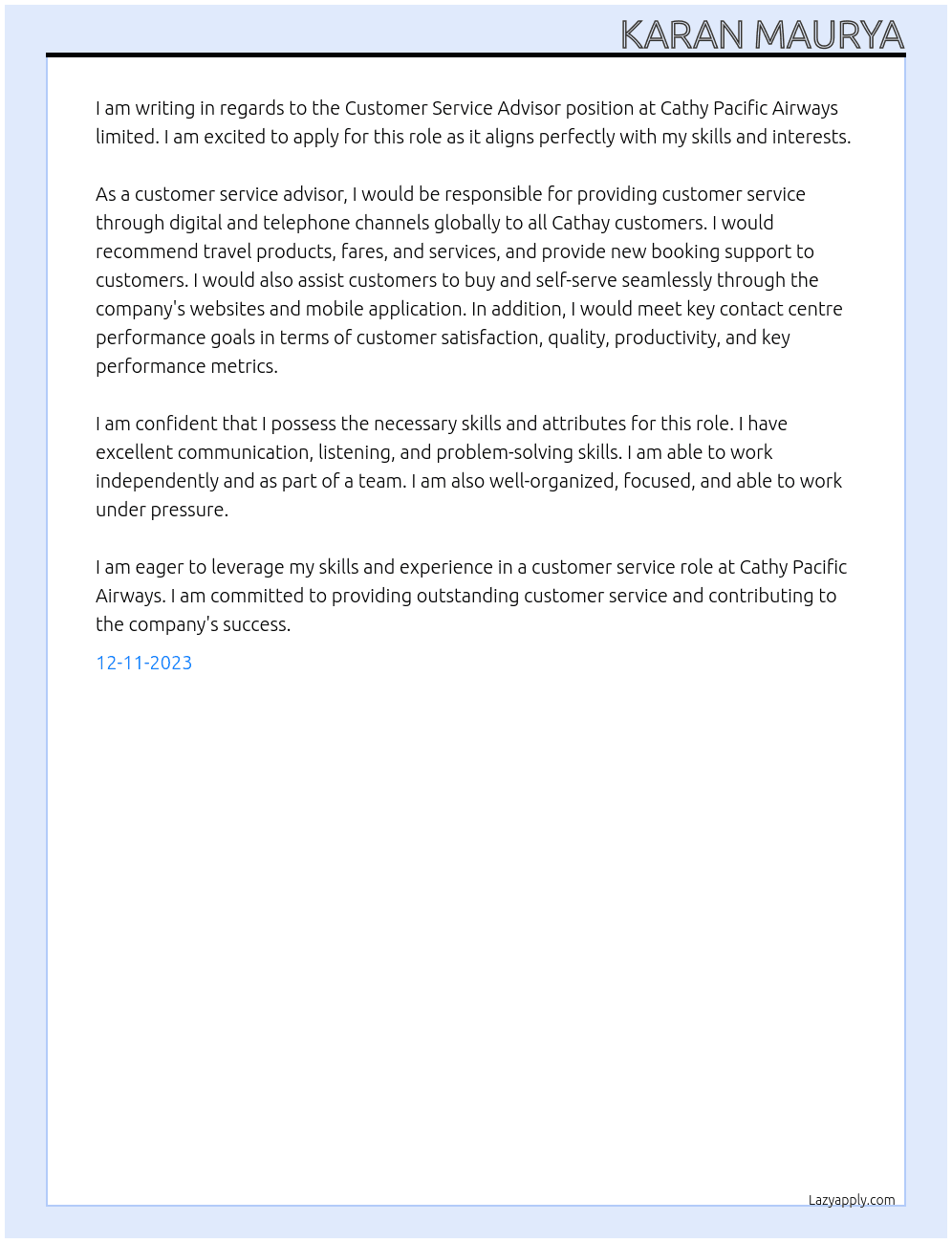 Customer service advisor  At Cathy Pacific Airways limited  Cover Letter