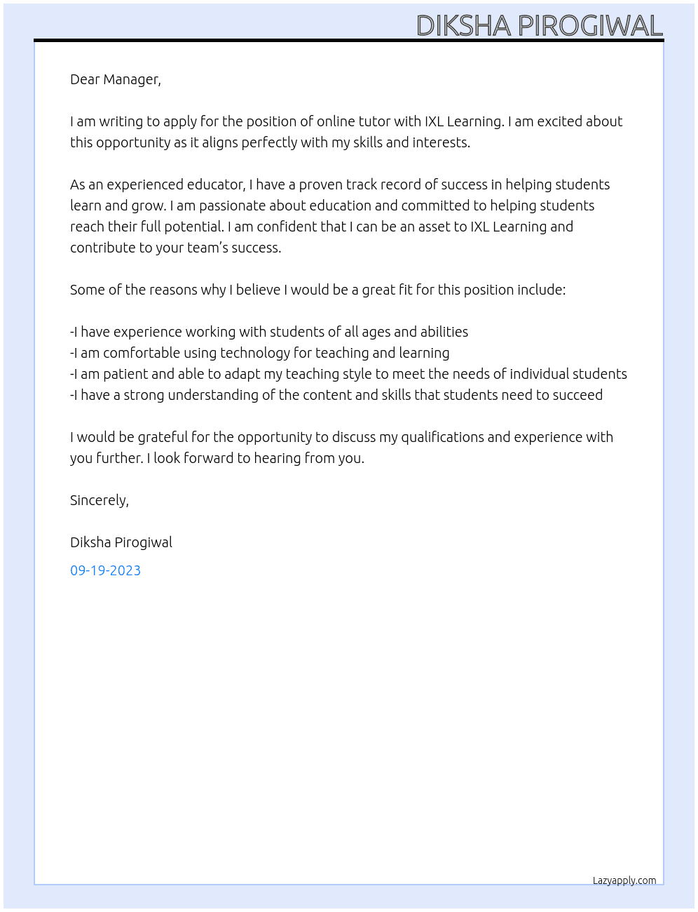 Online tutor At IXL learning Cover Letter