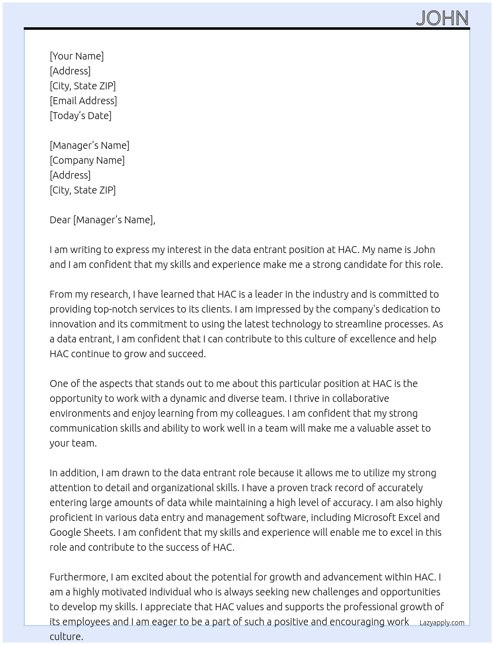 data entrant At hac Cover Letter
