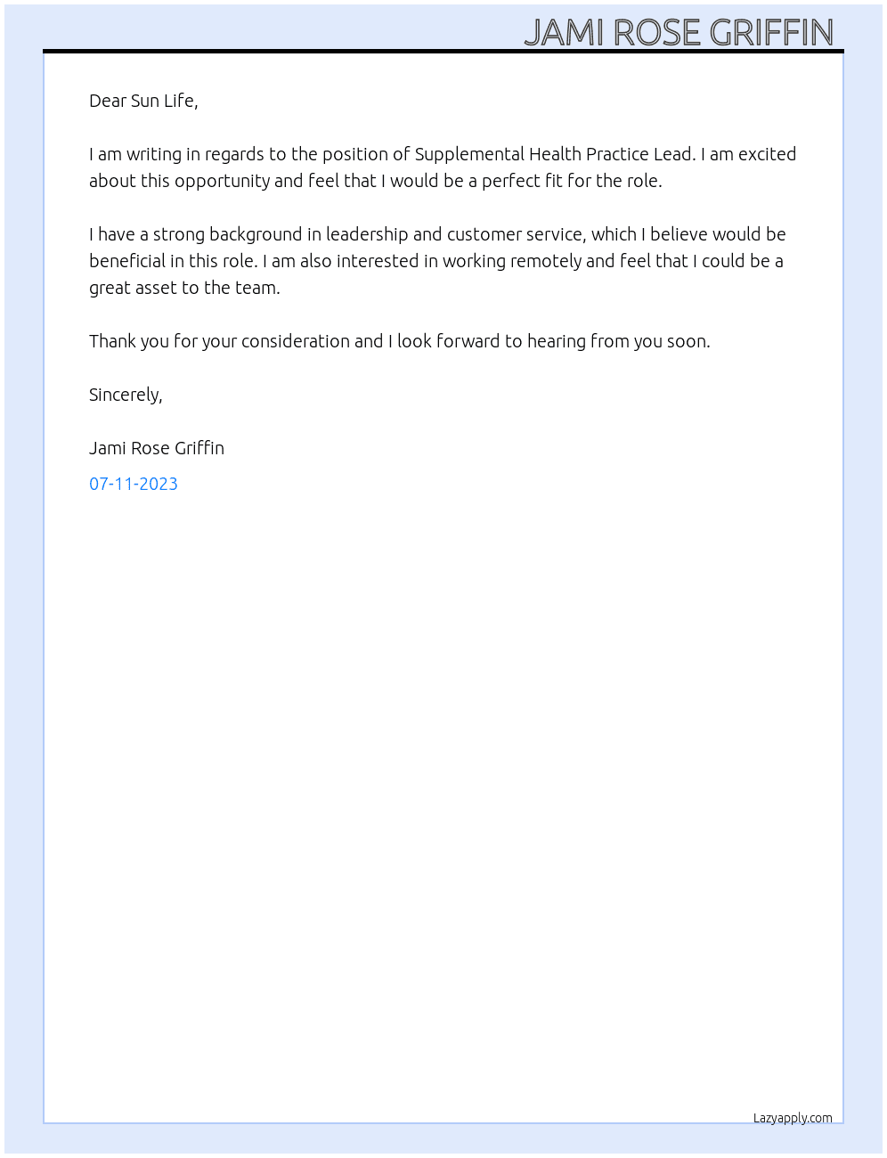 Supplemental Health Practice Lead At Sun Life Cover Letter