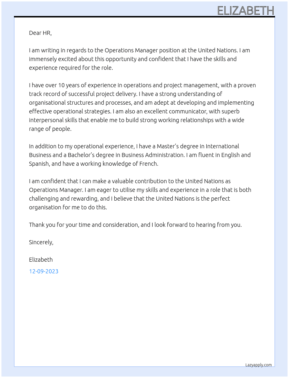 OPERATIONS MANAGER At UNITED NATIONS Cover Letter