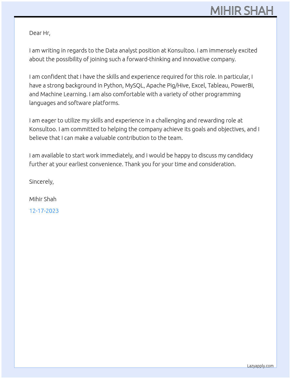 Data analyst  At Konsultoo Cover Letter