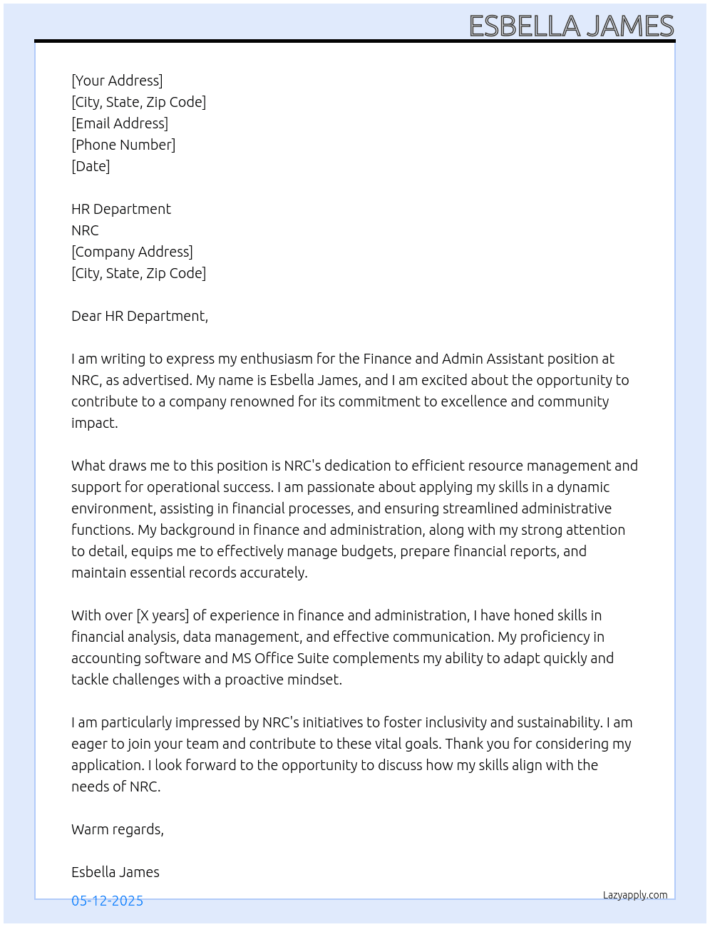 Finance and admin Assistant At NRC Cover Letter
