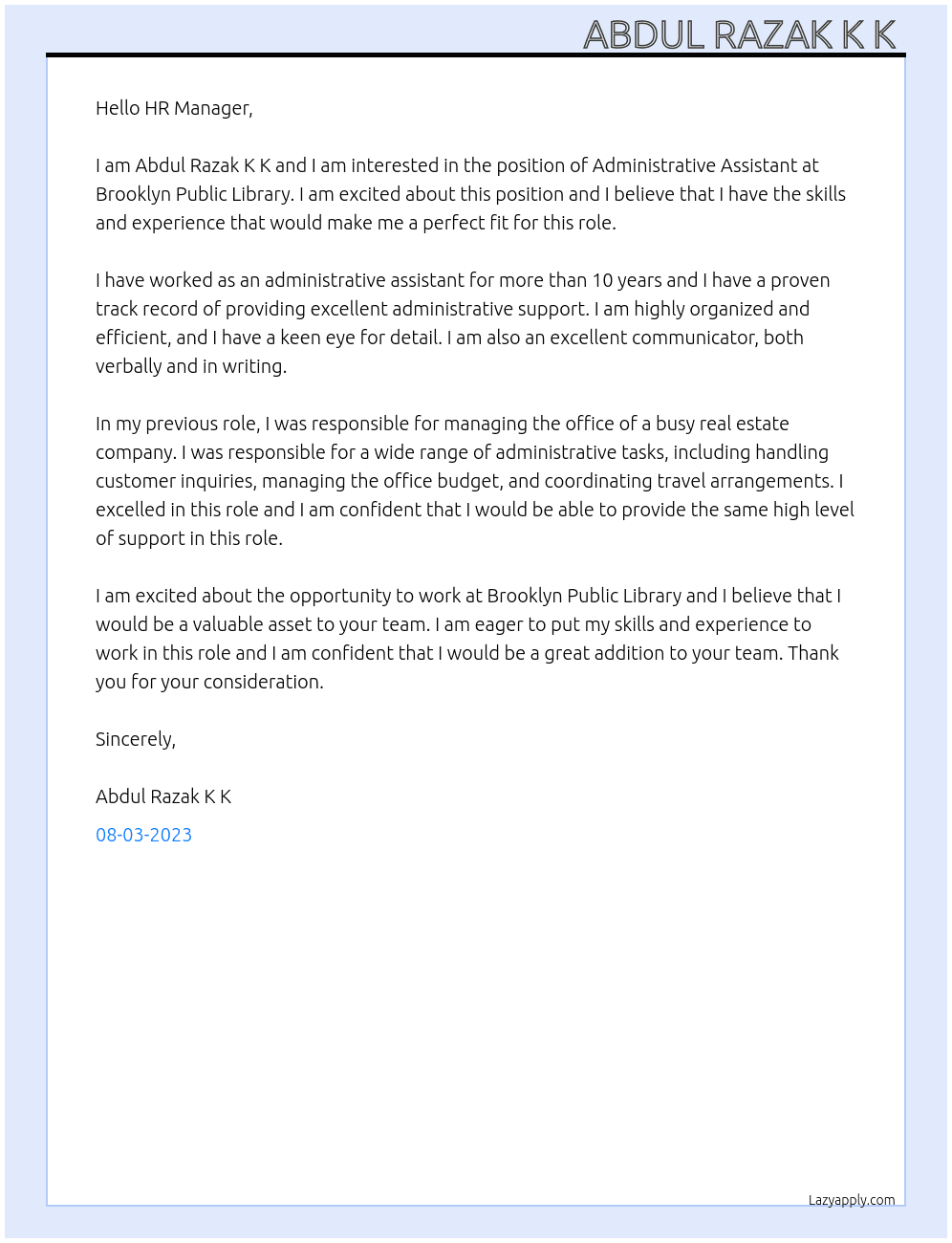 Administrative Assistant  At Brooklyn Public Library  Cover Letter