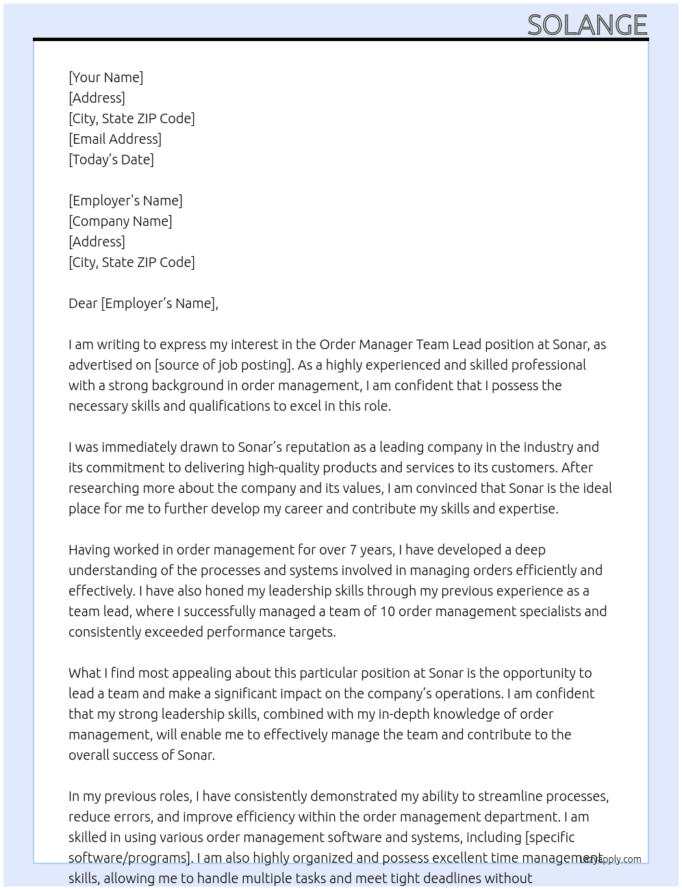 Order Manager Team lead At Sonar Cover Letter