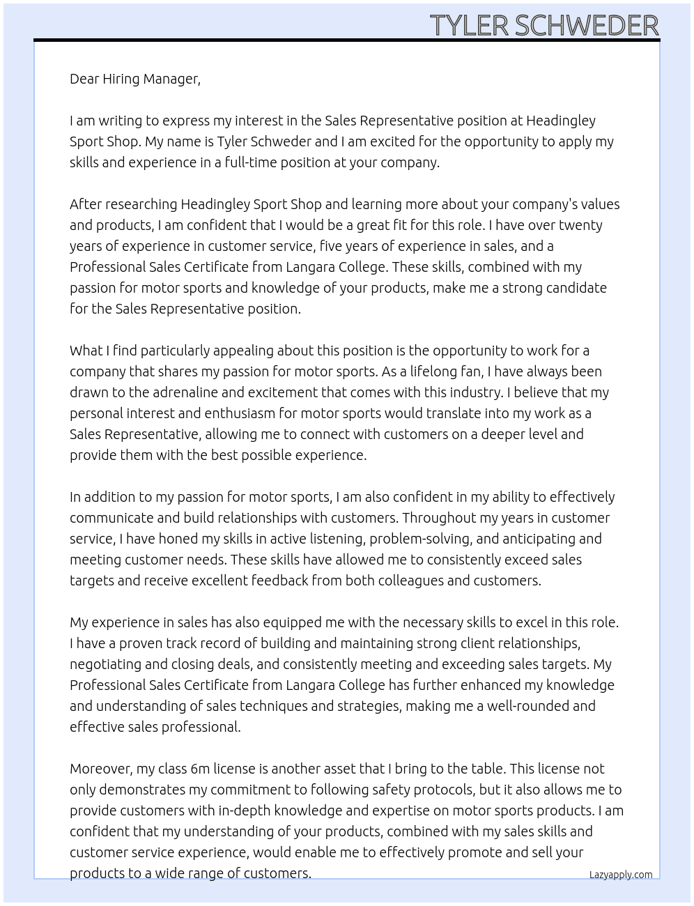 Sales Representative  At Headingley Sport Shop Cover Letter