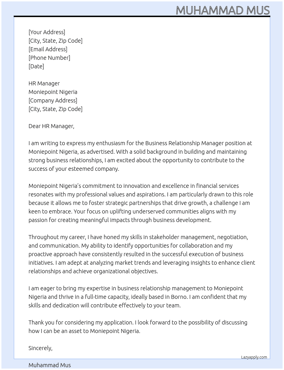 Business Relationship Manager At Moniepoint Nigeria  Cover Letter