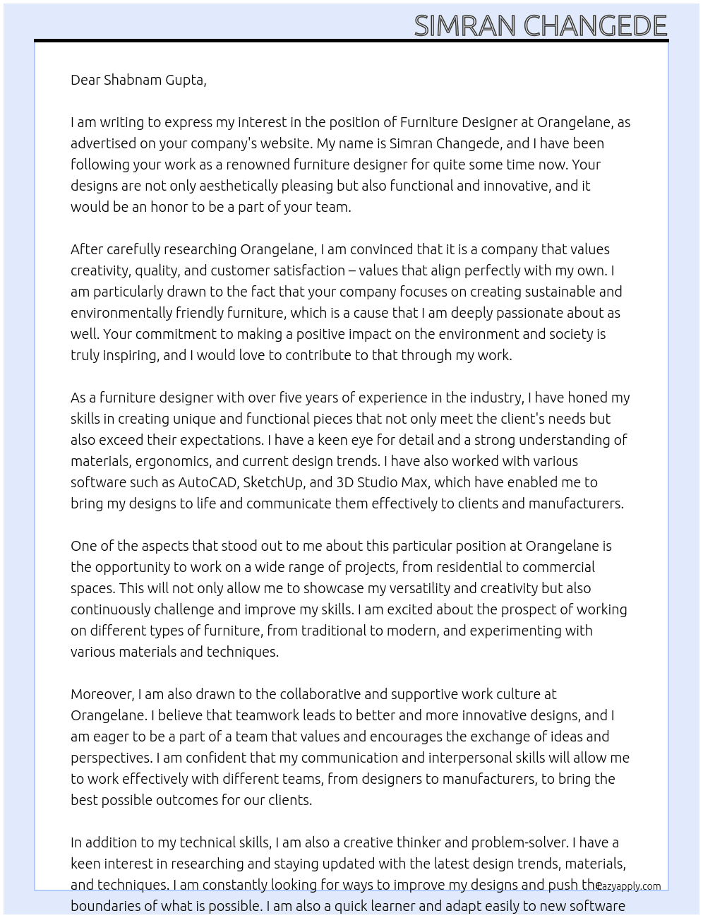 furniture designer  At orangelane  Cover Letter