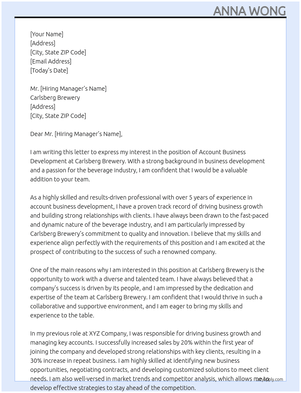Account business development  At Carlsberg Brewery  Cover Letter