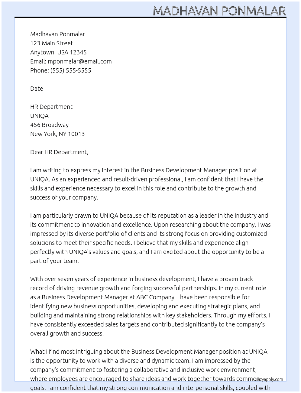 Business Development Manager At UNIQA Cover Letter