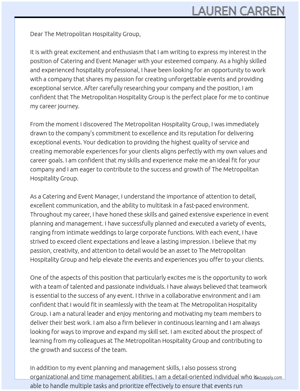 Catering and Event Manager At The Metropolitan Hospitality Group Cover Letter
