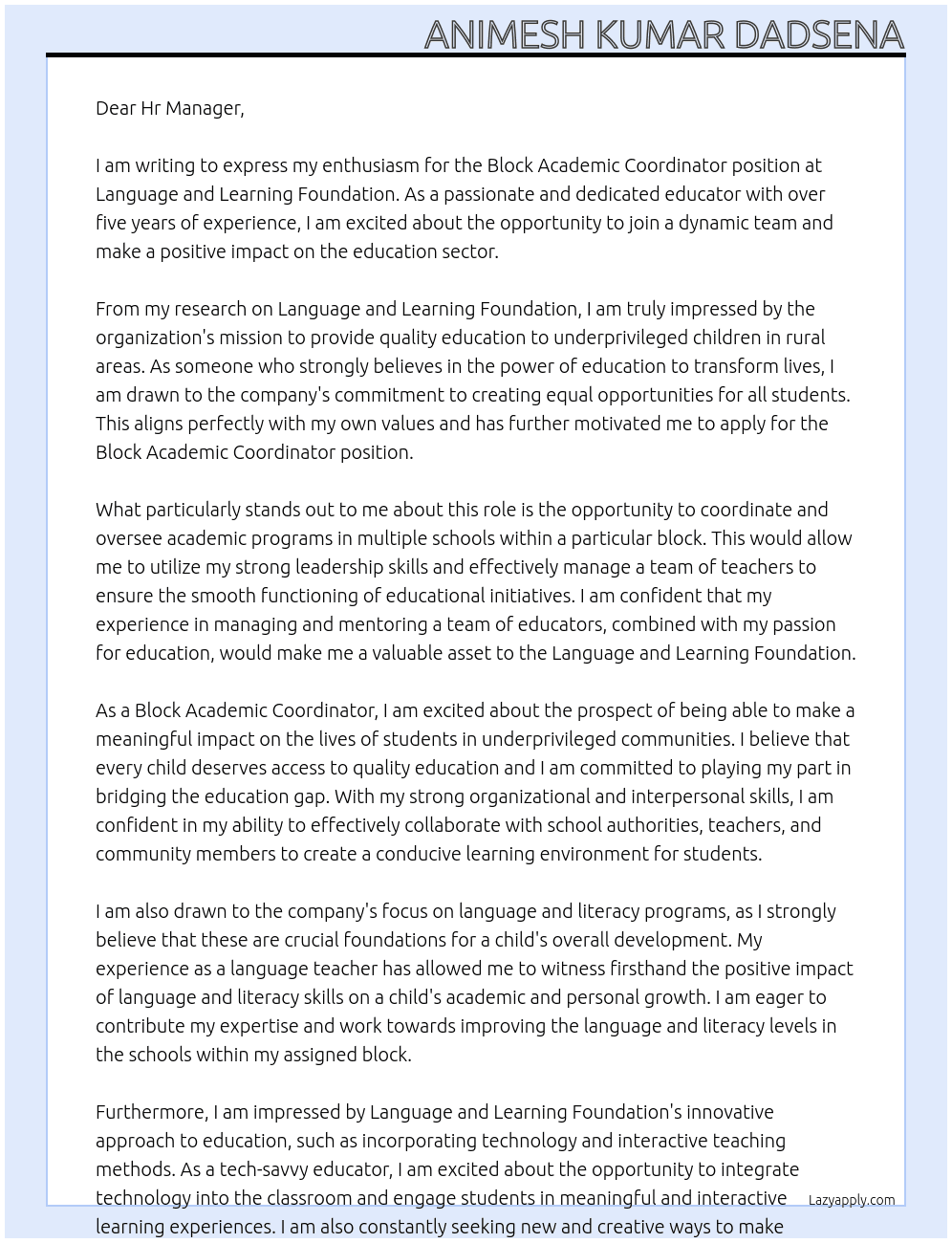 Block Academic Coordinator At Language and Learning FoundationH Cover Letter