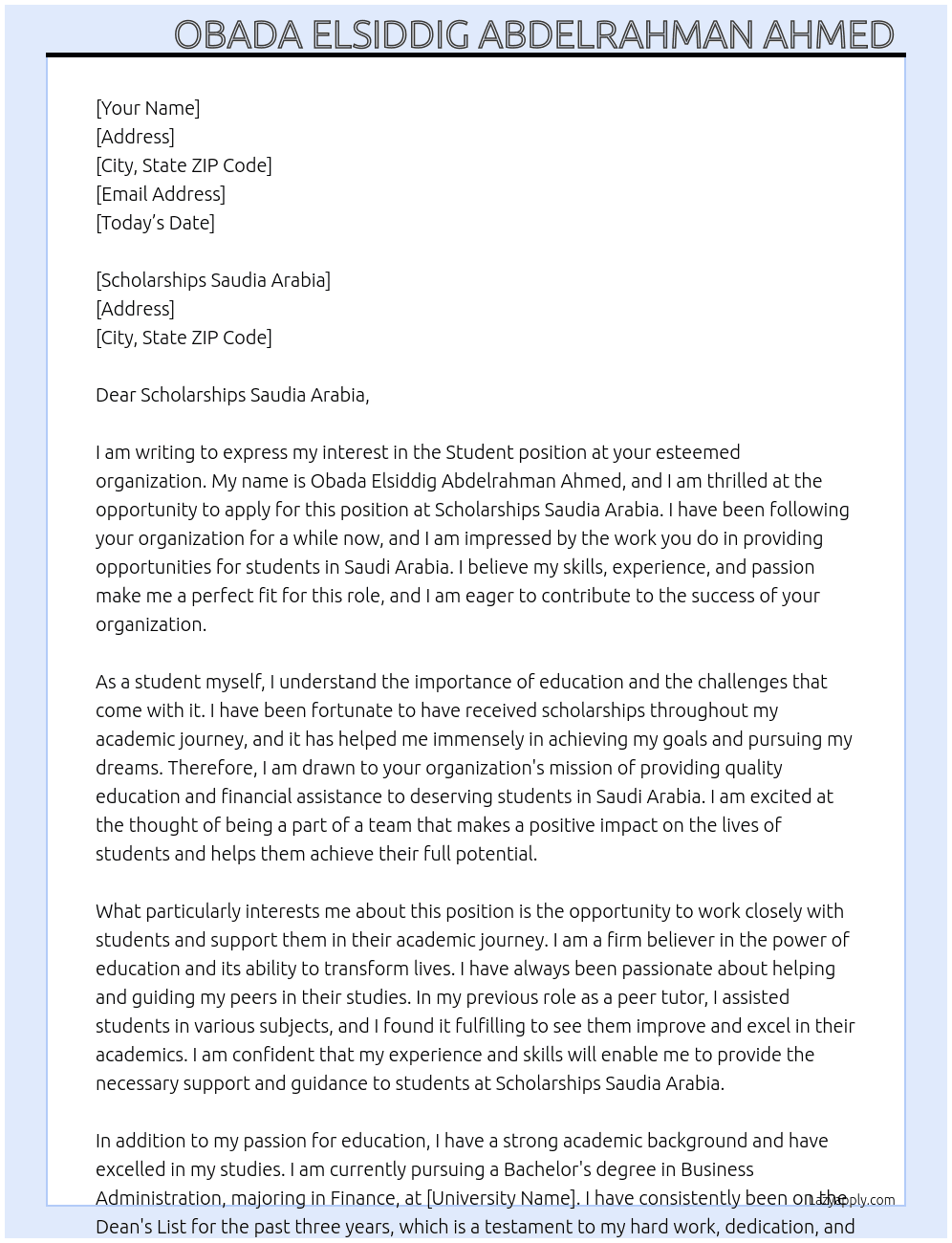 Student  At Scholarships Saudia Arabia  Cover Letter