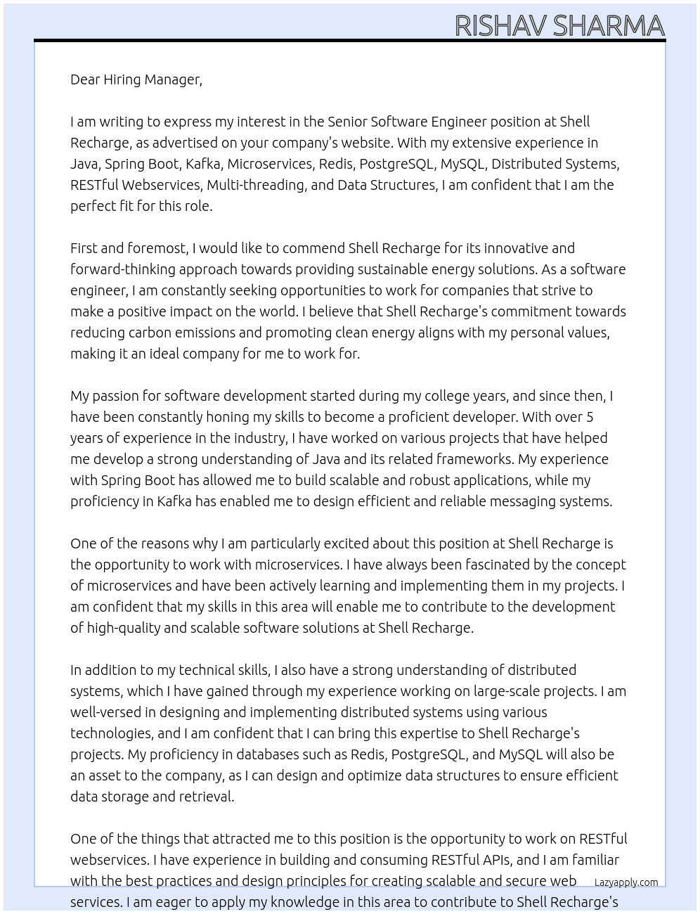 Senior Software Engineer At Shell Recharge Cover Letter