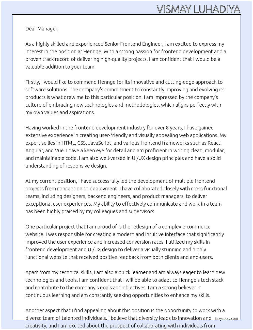 Senior Frontend Engineer At Hennge Cover Letter