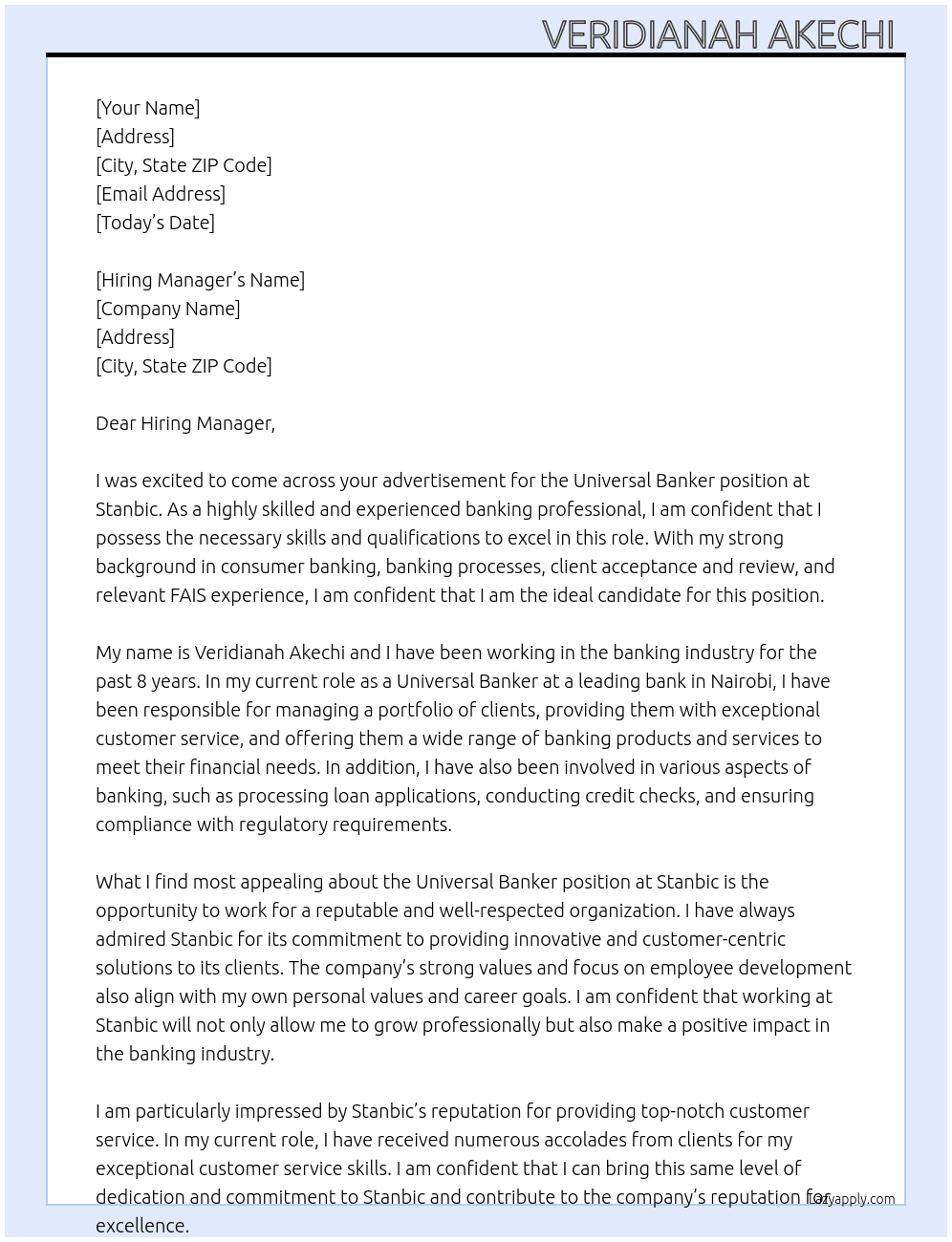 Univeral Banker  At Stanbic  Cover Letter