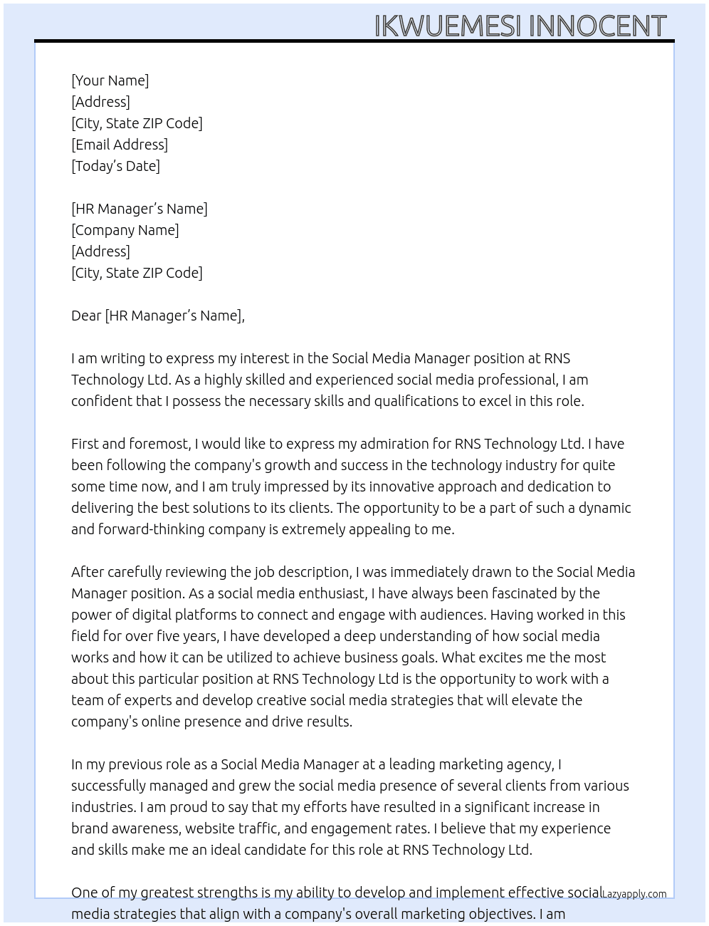 Social Media Manger At RNS Technology Ltd Cover Letter
