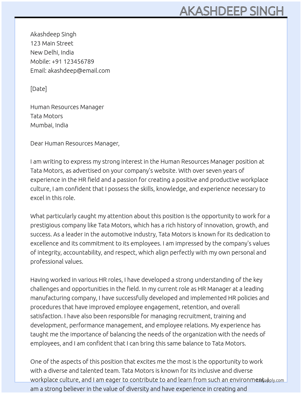 Human resources manager  At Tata motors  Cover Letter