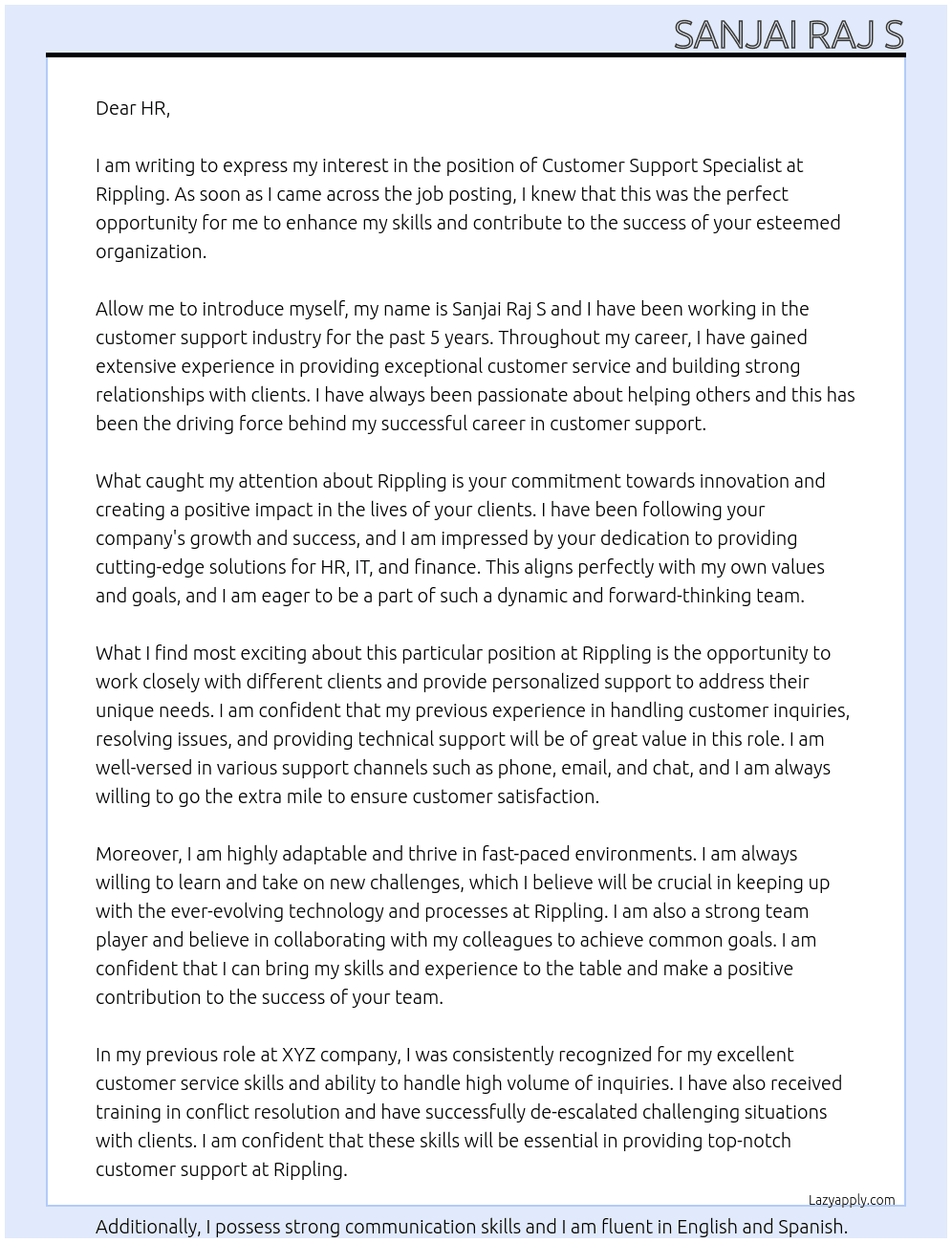 Customer support specialist  At Rippling  Cover Letter