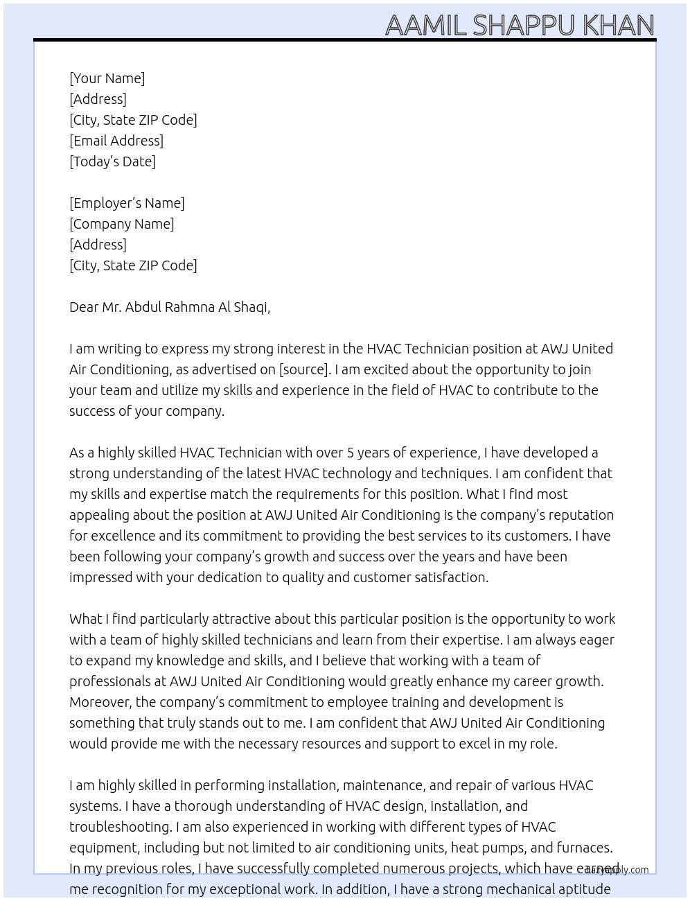 HVAC TECHNICIAN At AWJ UNITED AIR CONDITIONING Cover Letter