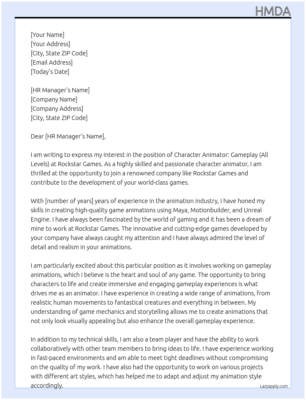 Character Animator: Gameplay (All Levels) At Rockstar Games Cover Letter