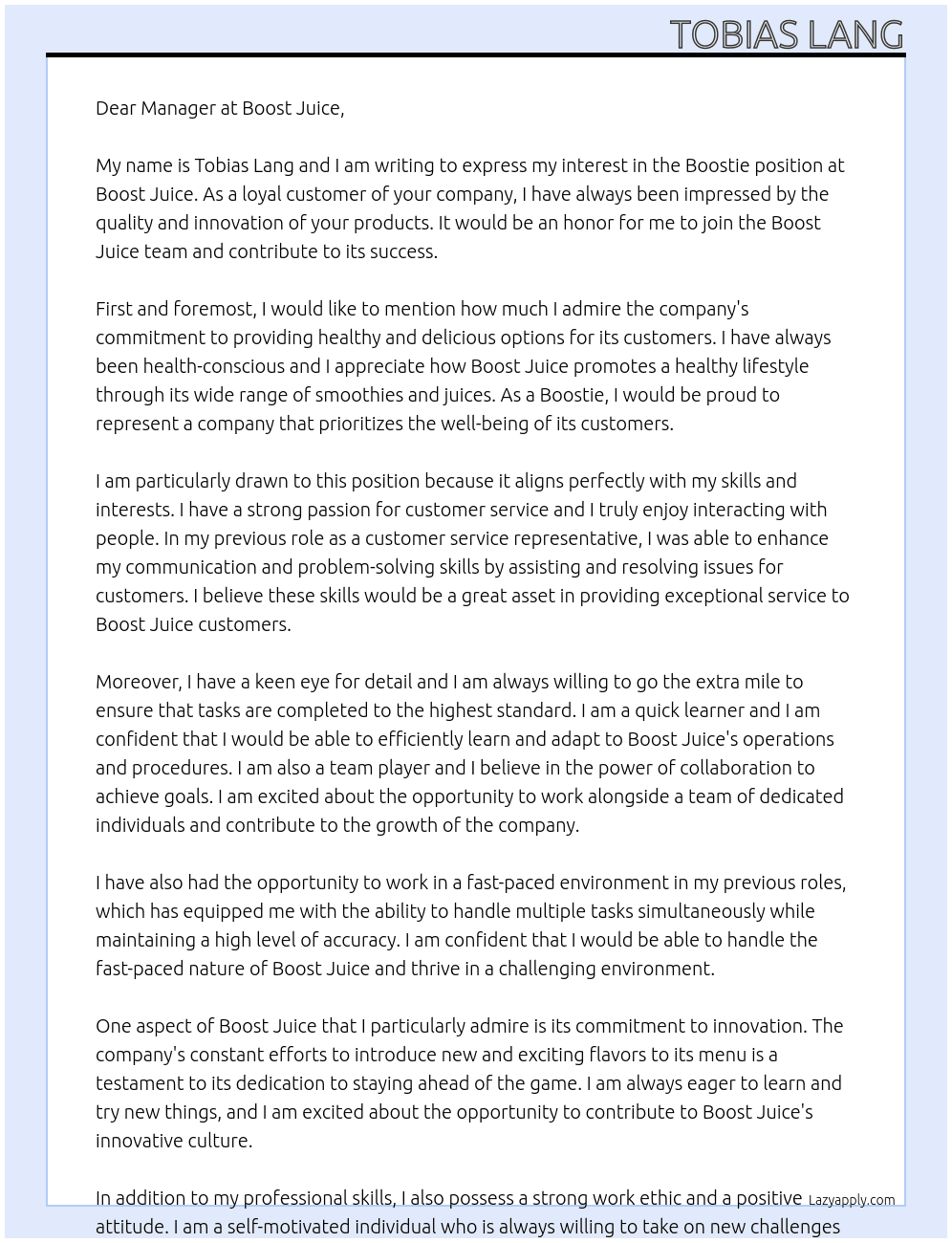Boostie At Boost Juice Cover Letter