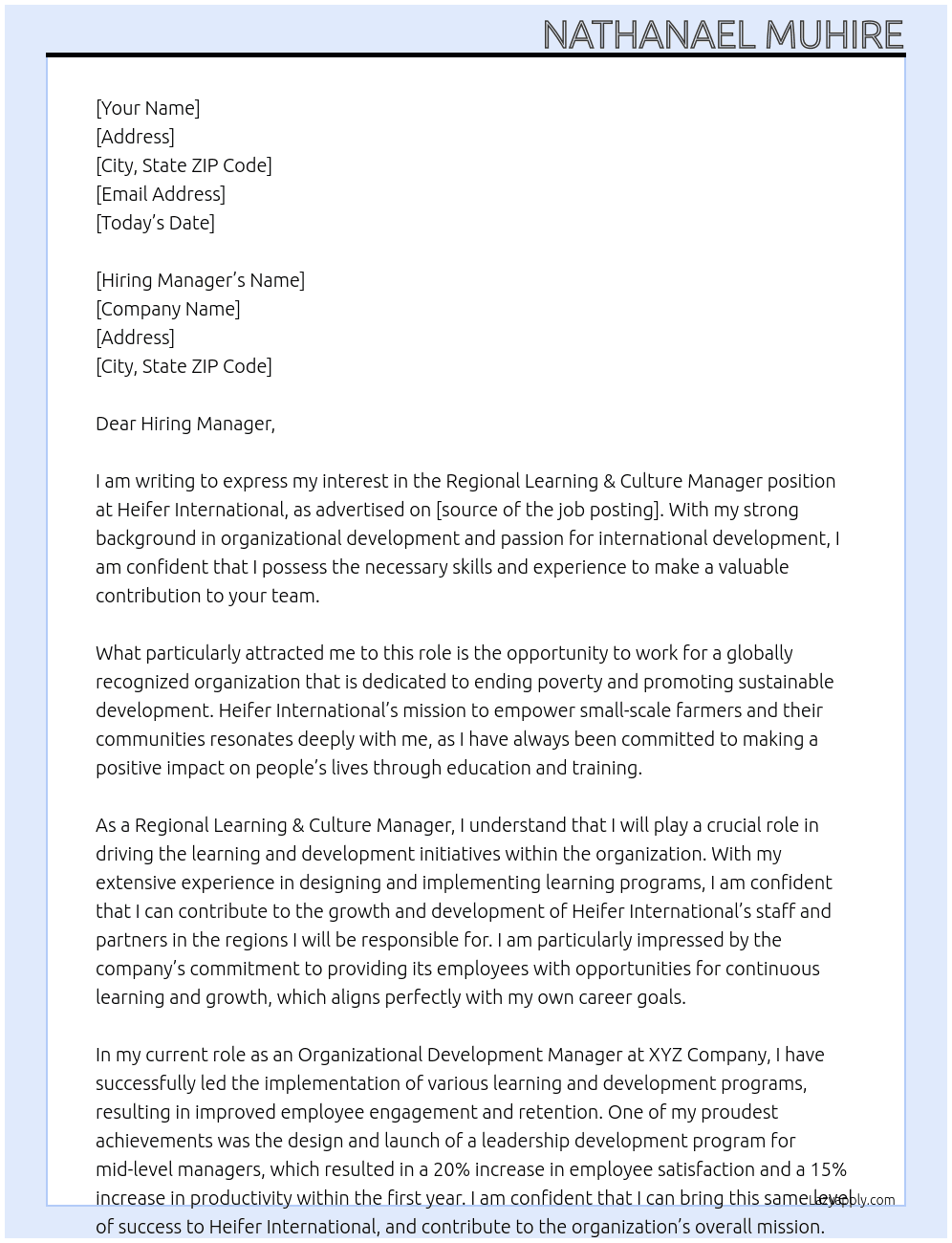 Regional Learning & Culture Manager  At Heifer International Cover Letter