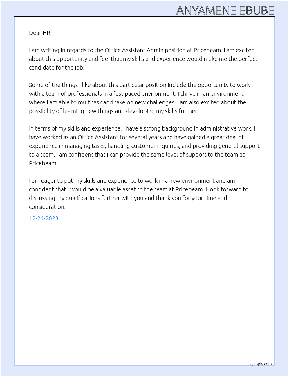 OFFICE ASSISTANT ADMIN At PRICEBEAM Cover Letter