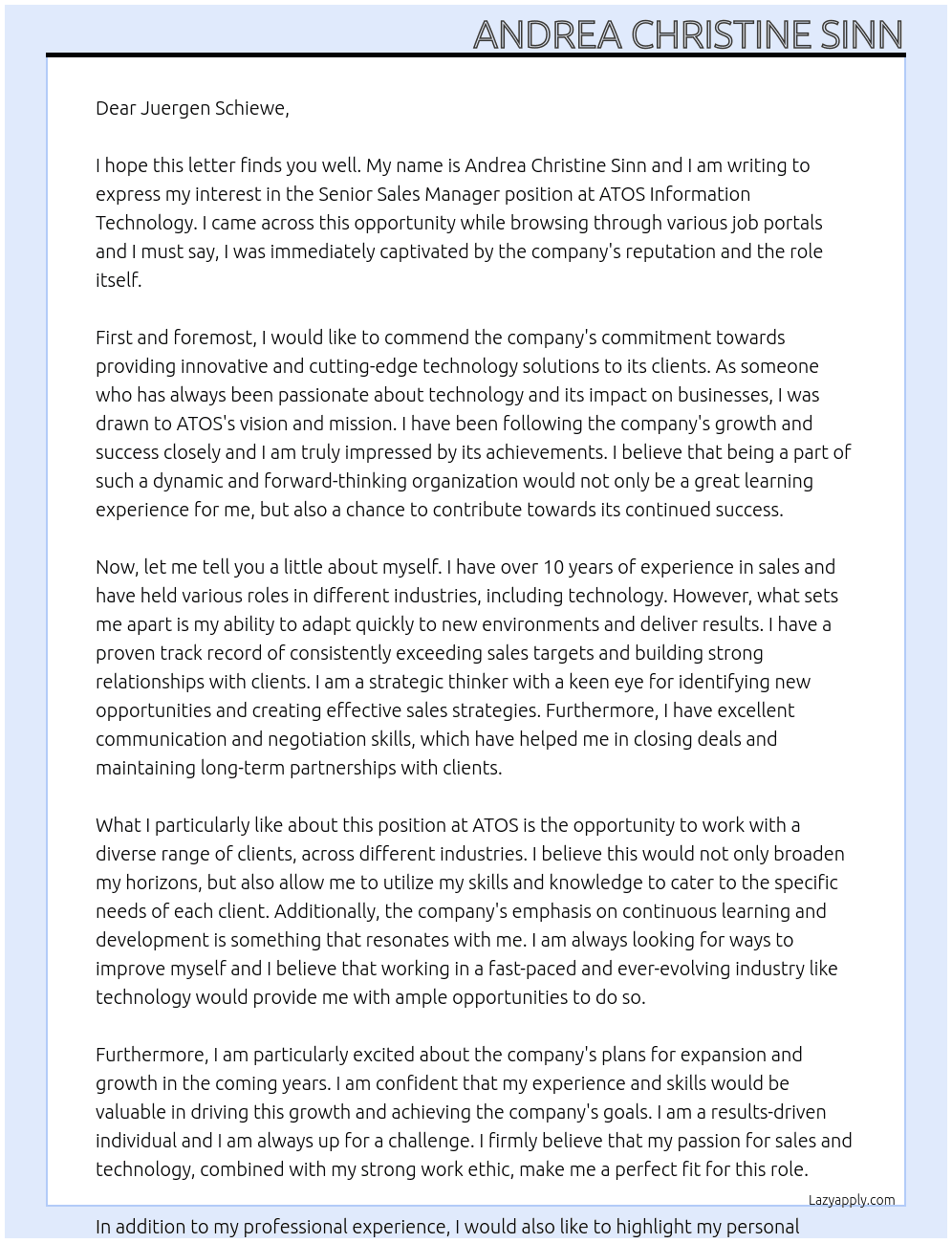 Senior Sales Manager  At ATOS Information Technology Cover Letter