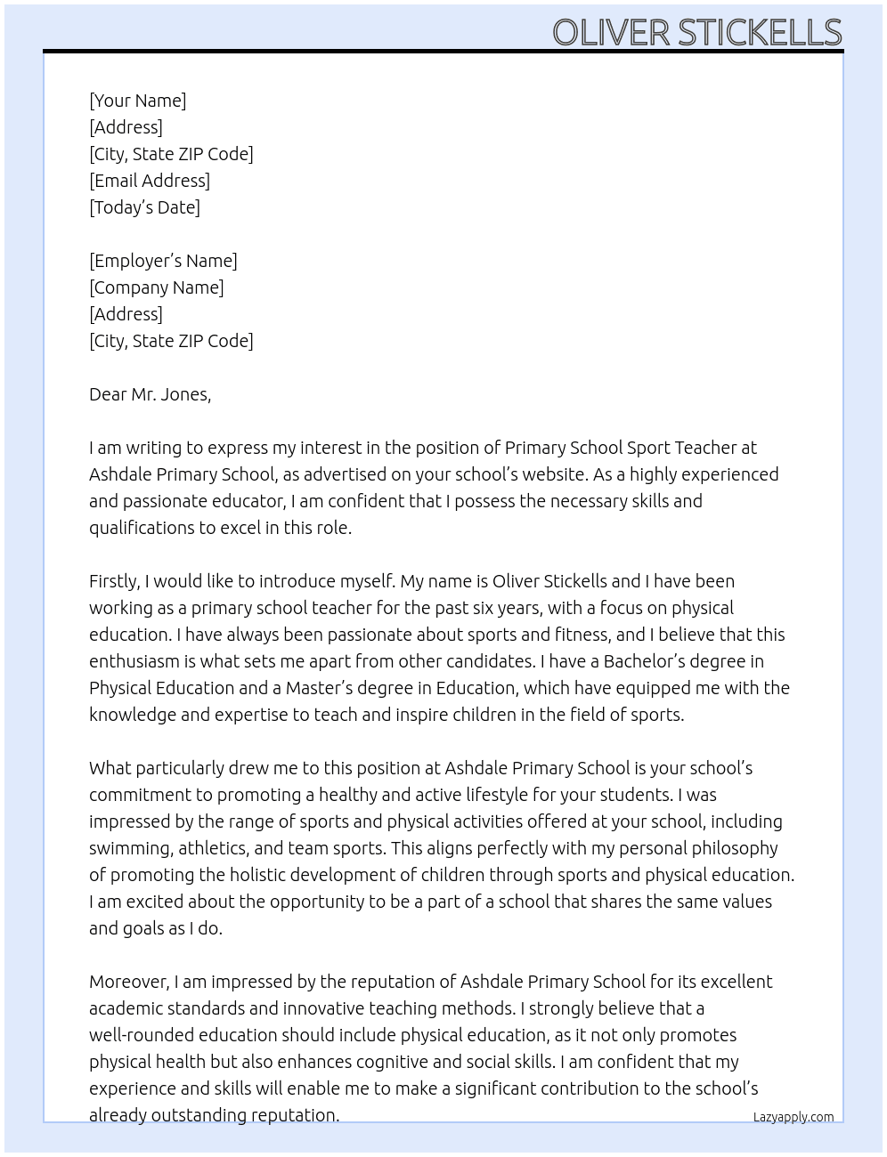 Primary School Sport Teacher At Ashdale Primary School Cover Letter