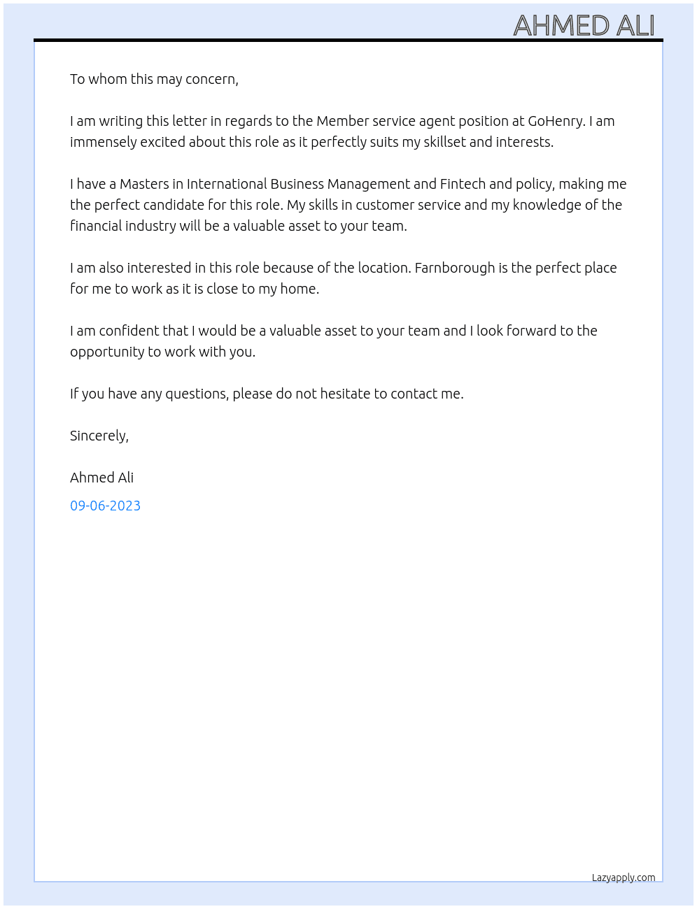 Member service agent  At GoHenry Cover Letter