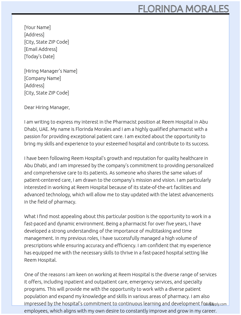 pharmacist At reem hospital Cover Letter