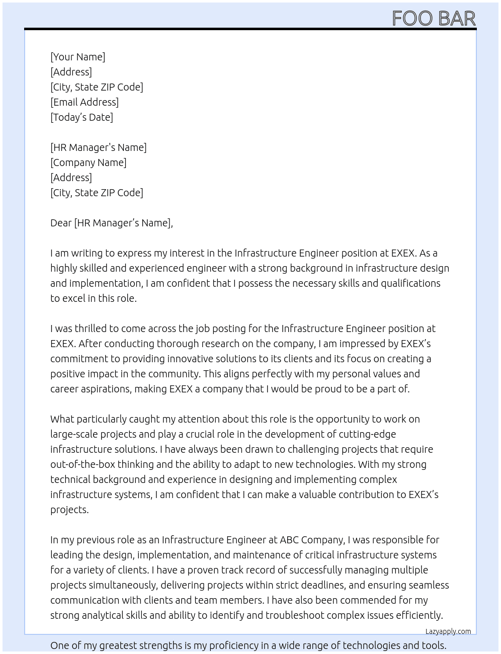 Infrastructure Enginner At EXEX Cover Letter