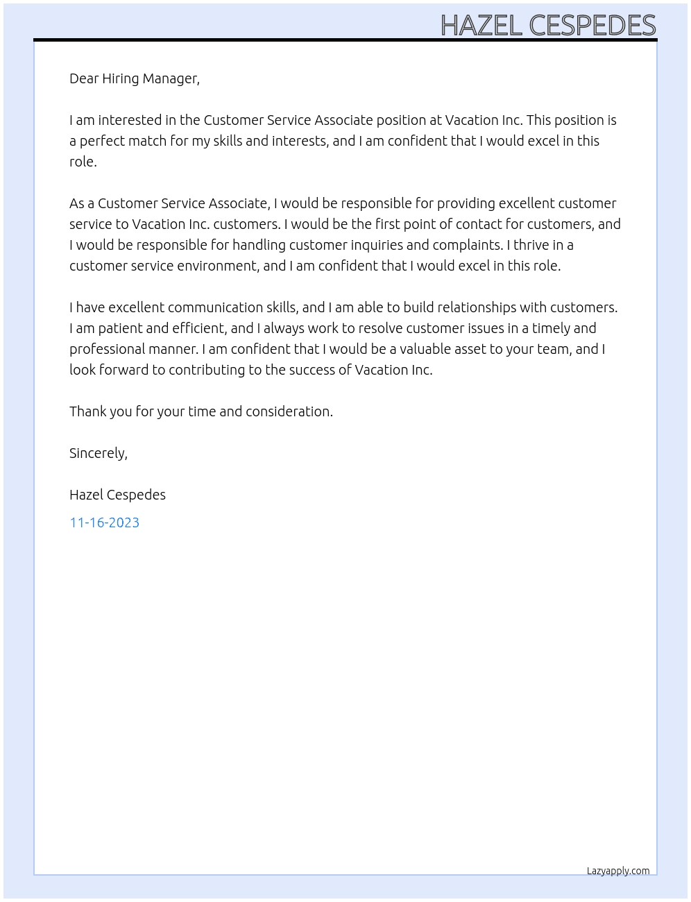 Customer Service Associate At Vacation Inc. Cover Letter