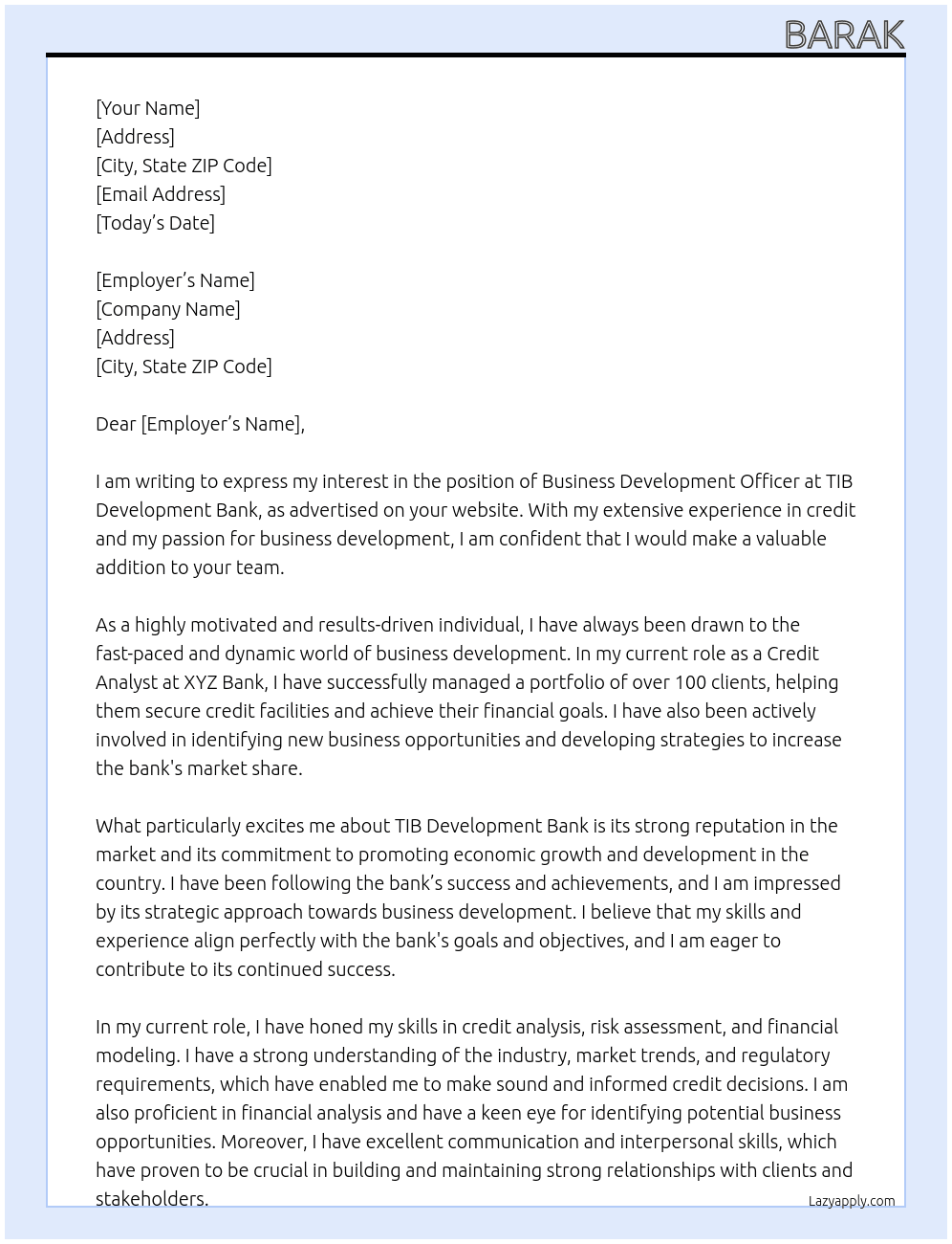 Business development officer  At TIB Development Bank Cover Letter