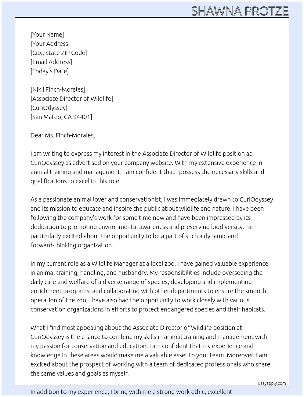 Associate Director of Wildlife At CuriOdyssey Cover Letter