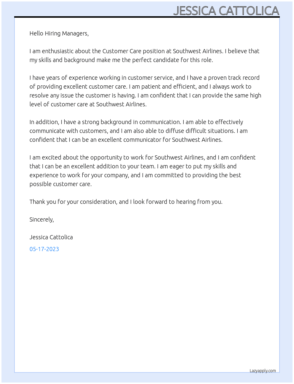 Customer Care  At Southwest Airlibes  Cover Letter