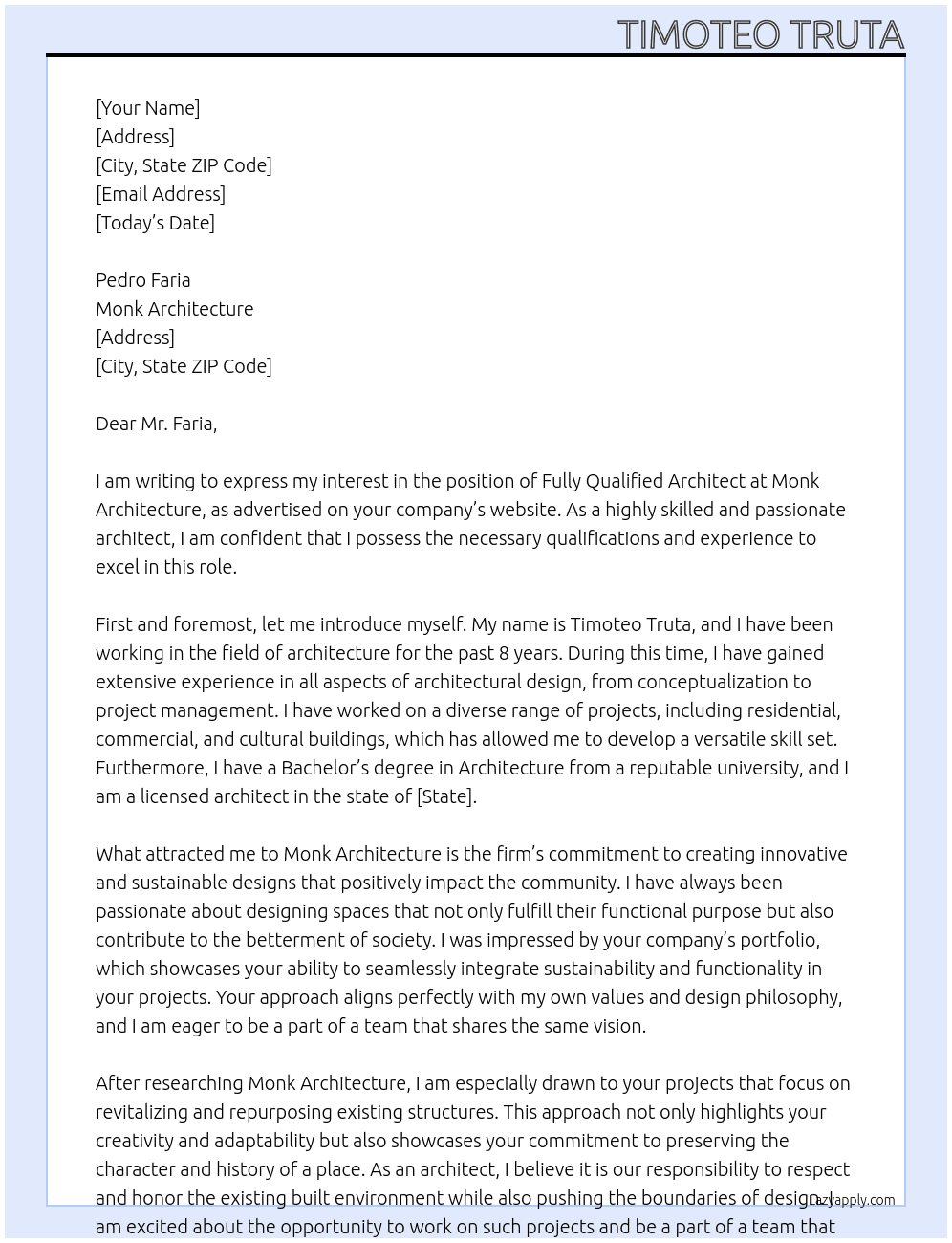 Fully Qualified Architect At Monk Architecture Cover Letter