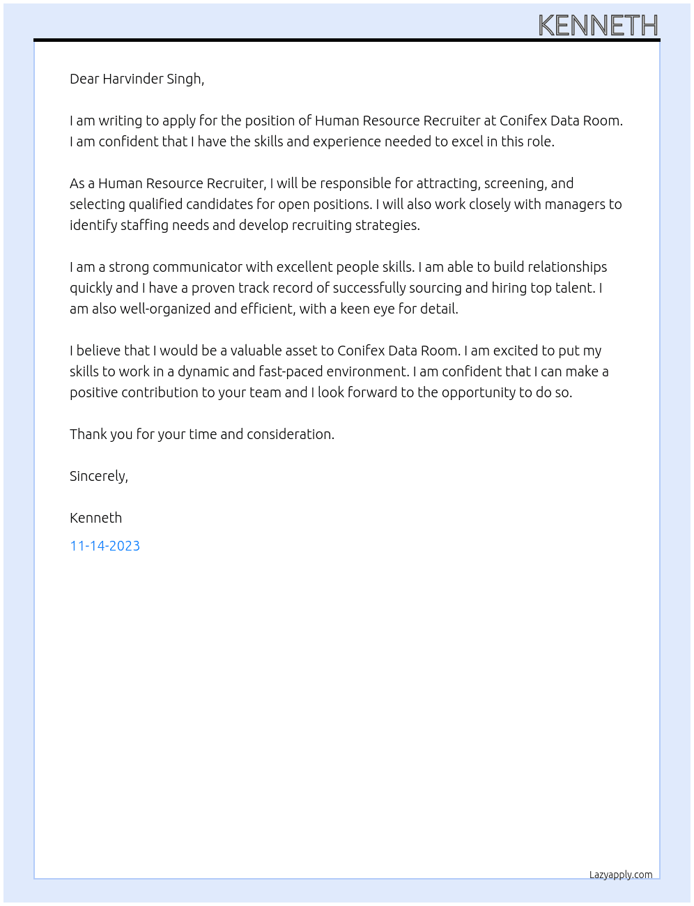 Human Resource Recruiter At Conifex Data Room Cover Letter