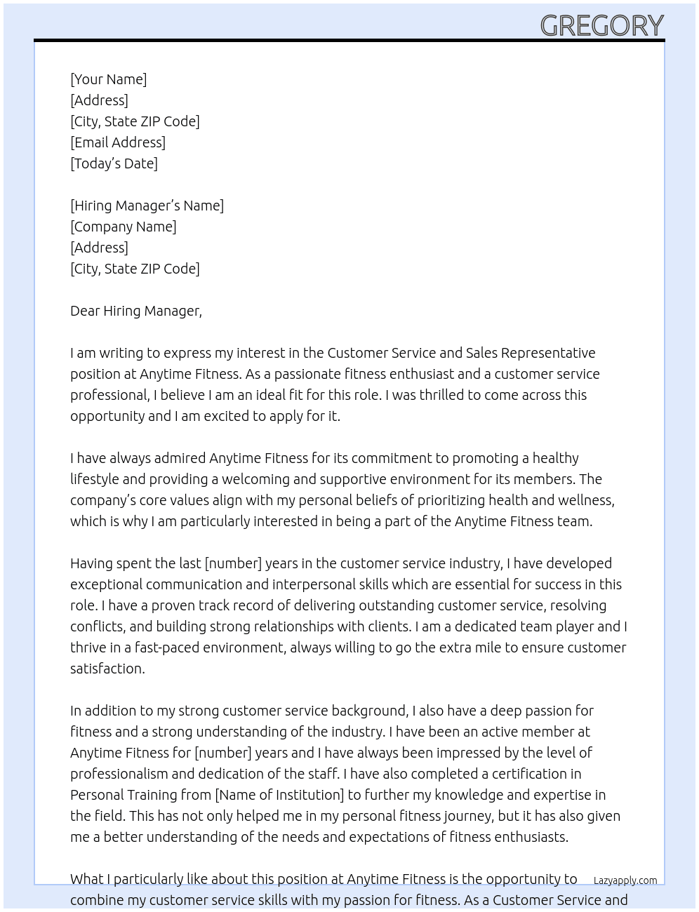 Customer Service and Sales Representative At Anytime Fitness Cover Letter